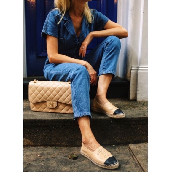 💚CHANEL Espadrille Flats Cap Toe Tan Black - Picture 2 of 16